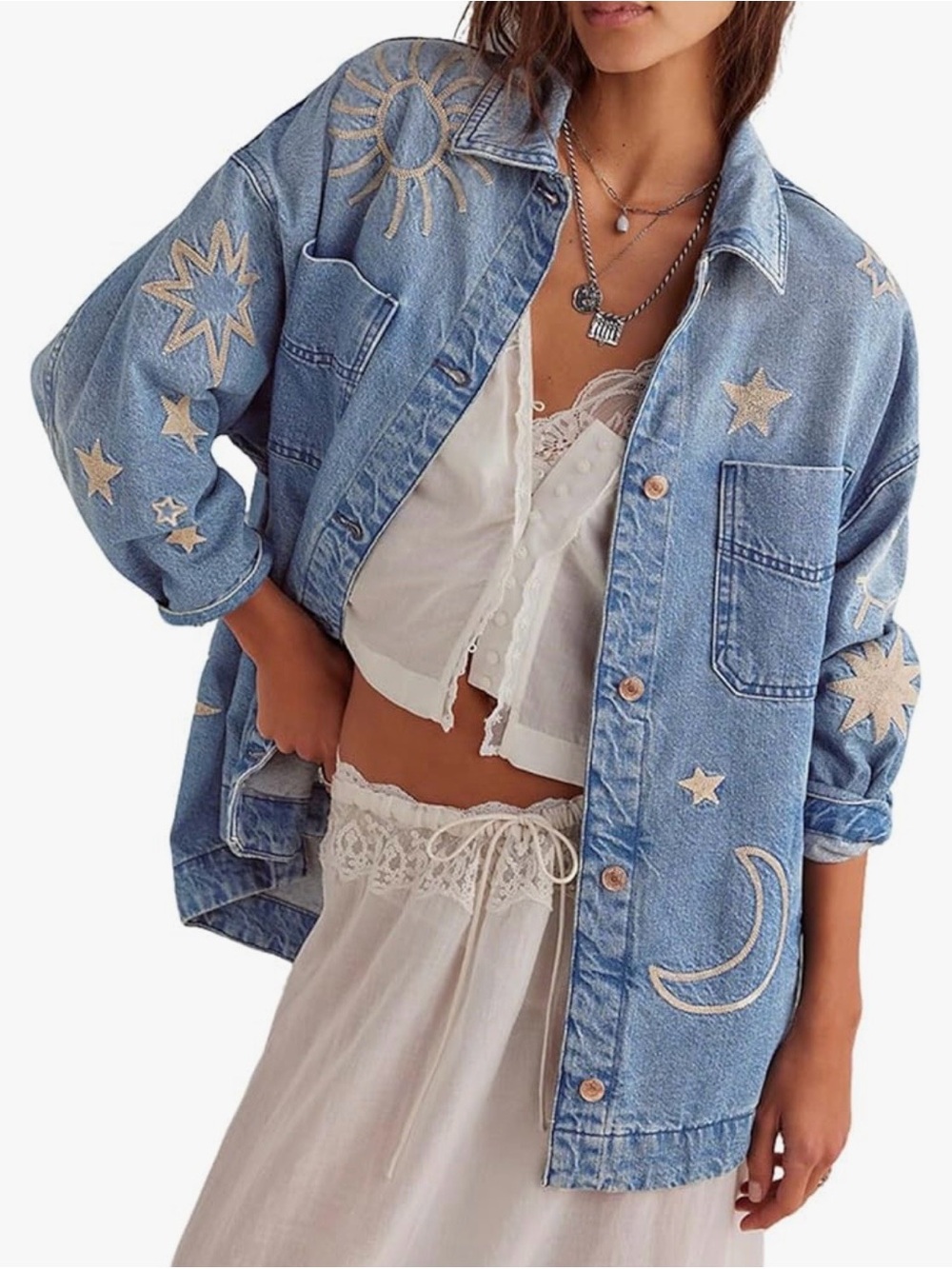 Amazon Light Blue Embroidered Denim Jean Jacket with Celestial Motifs